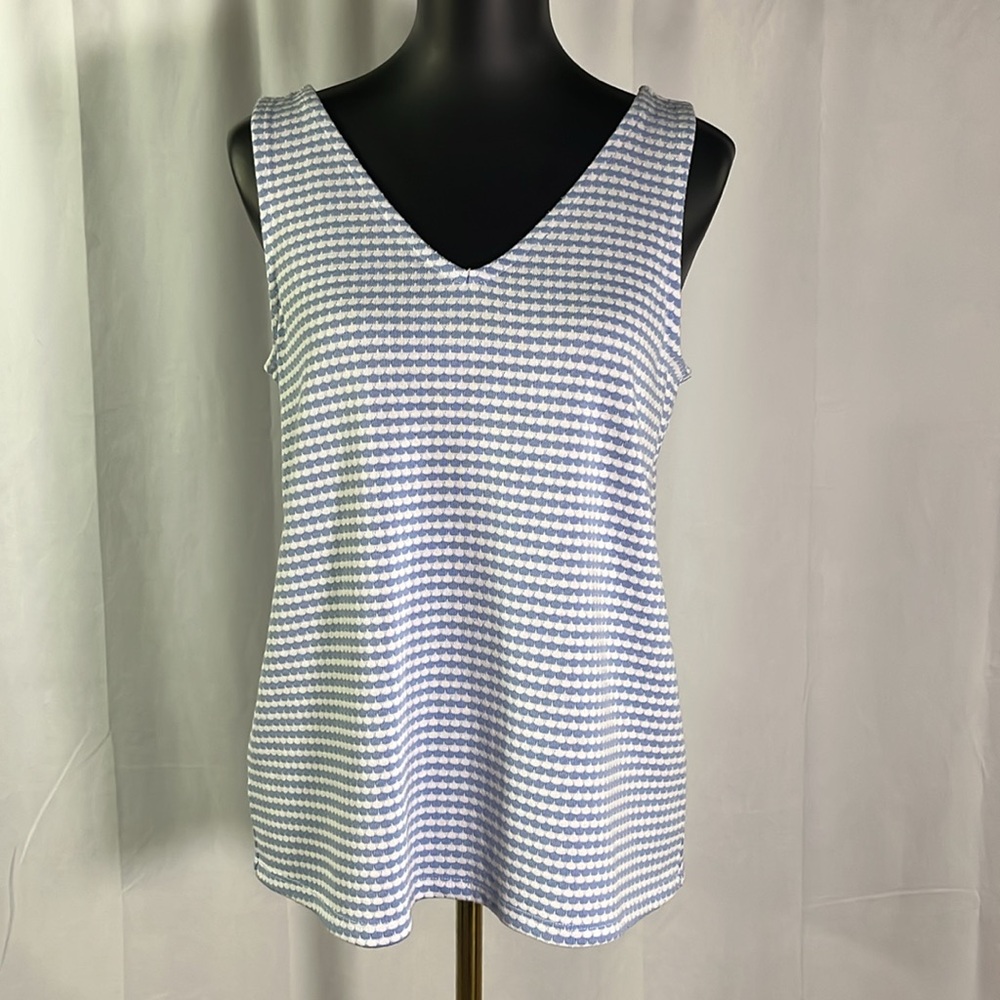 LOFT Periwinkle & White Scalloped Stripe Sleeveless Knit V-Neck Top